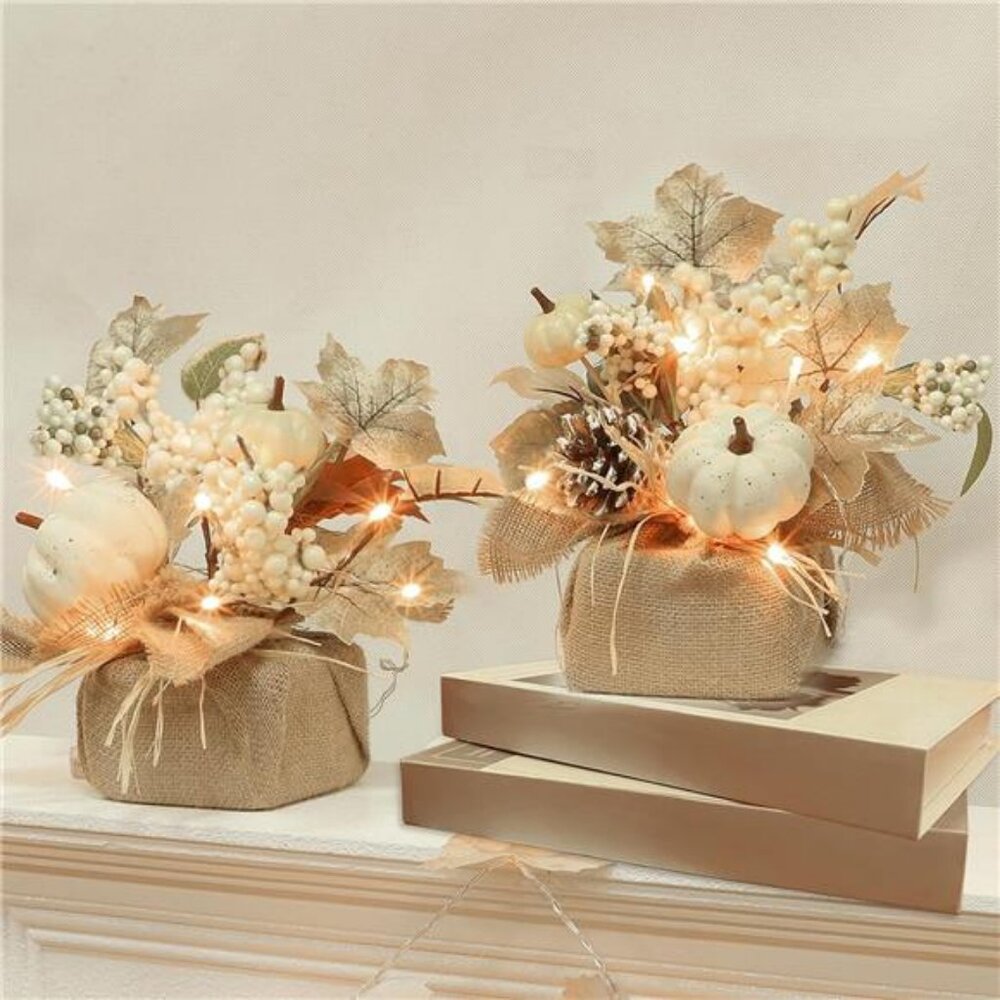 2 Pack 11 Inch Tabletop Maple Tree Fall Decorations for Home Lighted Fall Tree